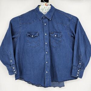 Wrangler Pearl Snap Shirt Mens 19‎ 36 Tall Western Rancher Blue Long Sleeve